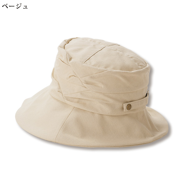 綿麻素材つば広紐付き帽子