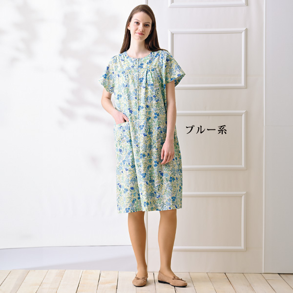 シルキーコットンギャザー使いワンピース