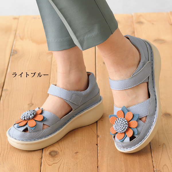 エスタシオン 牛革花モチーフ甲ベルト ウォーキングシューズ Estacion