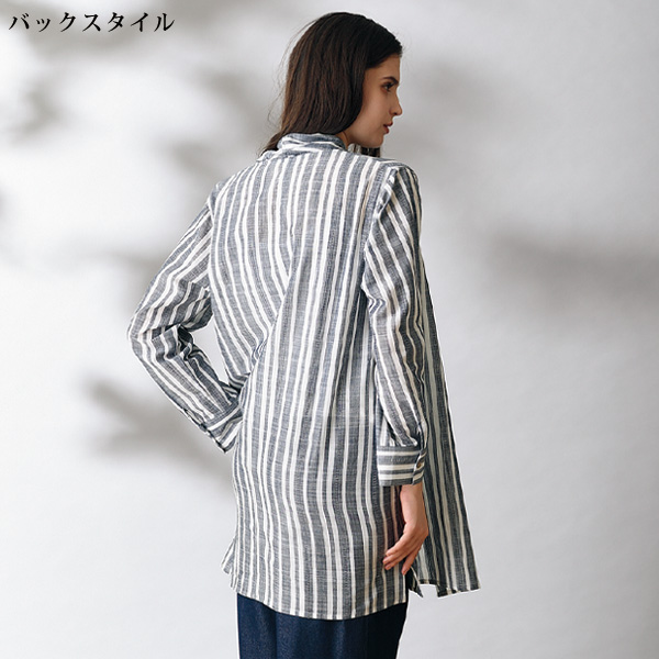 綿100%ストライプ柄ロールアップブラウス
