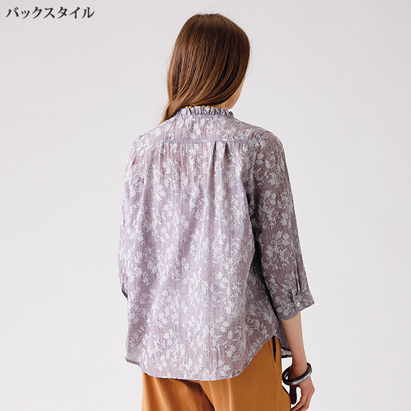 綿混発泡プリント衿フリルブラウス  大きいサイズ M L LL 3L