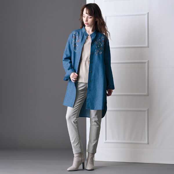 キレイ目刺しゅうソフトタッチデニム調ロングチュニック