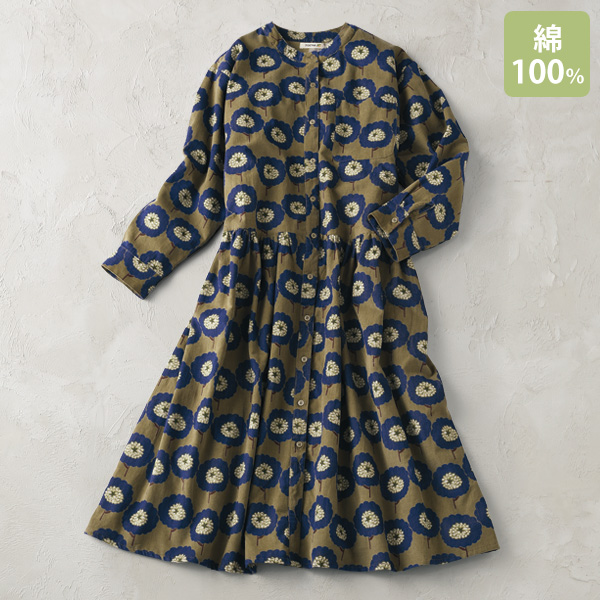 コーデュロイフラワープリント前開きワンピース