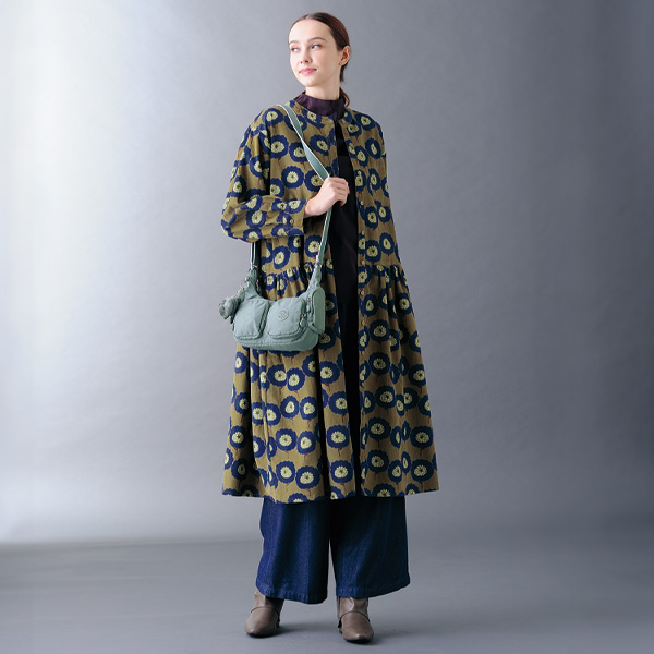 コーデュロイフラワープリント前開きワンピース