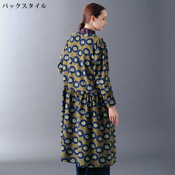 コーデュロイフラワープリント前開きワンピース