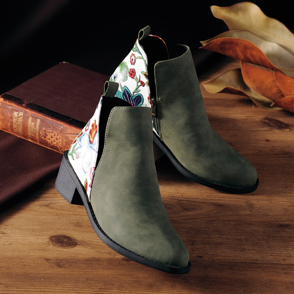 花柄コンビスウェード調ショートブーツ