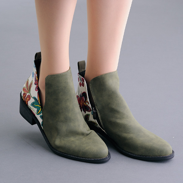 花柄コンビスウェード調ショートブーツ