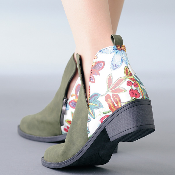 花柄コンビスウェード調ショートブーツ