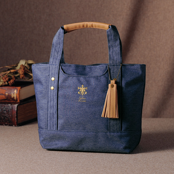 配色タッセル付デニム調手提げバッグ
