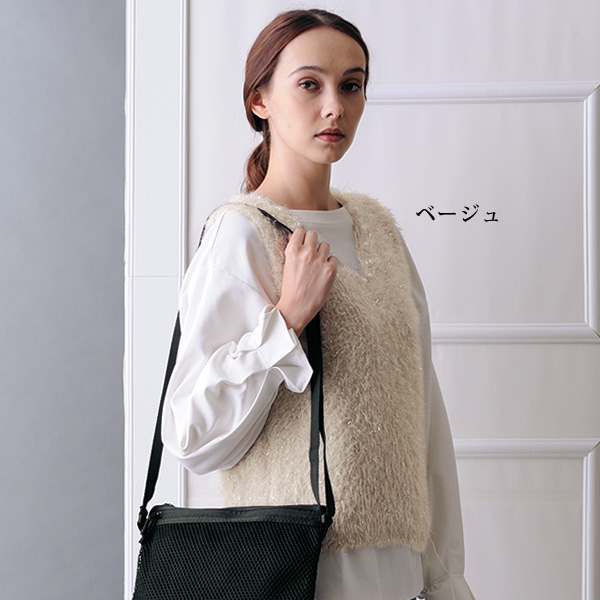 パール×ラインストーン使いラメ入りシャギーニットベスト