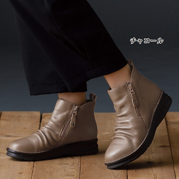 牛革シャーリングサイドファスナーショートブーツ