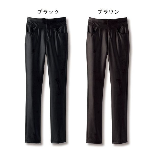 裏ベロアストレッチフェイクレザーパンツ 股下70cm 大きいサイズ M L LL 3L