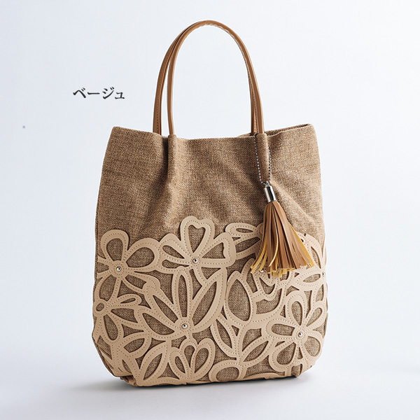 リネン風フラワーカットワークトート