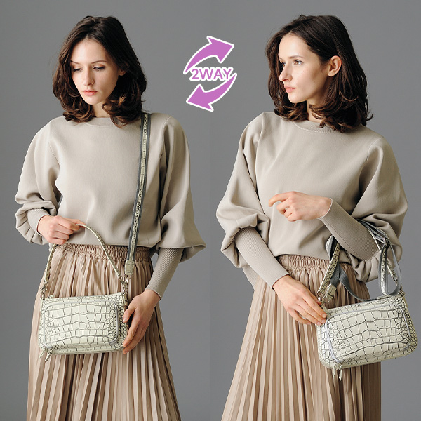 クロコ型押し目地染めお財布機能付き2WAYショルダーバッグ