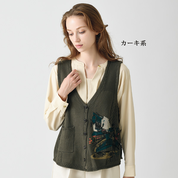 綿混プリントニットベスト