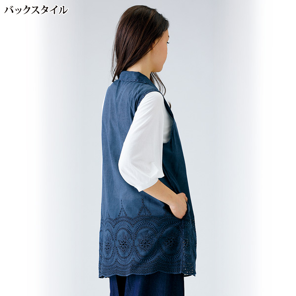 裾カットワーク刺しゅうロングベスト