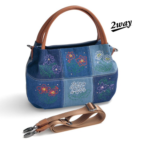 デニムフラワー刺しゅうパッチワーク2WAYバッグ