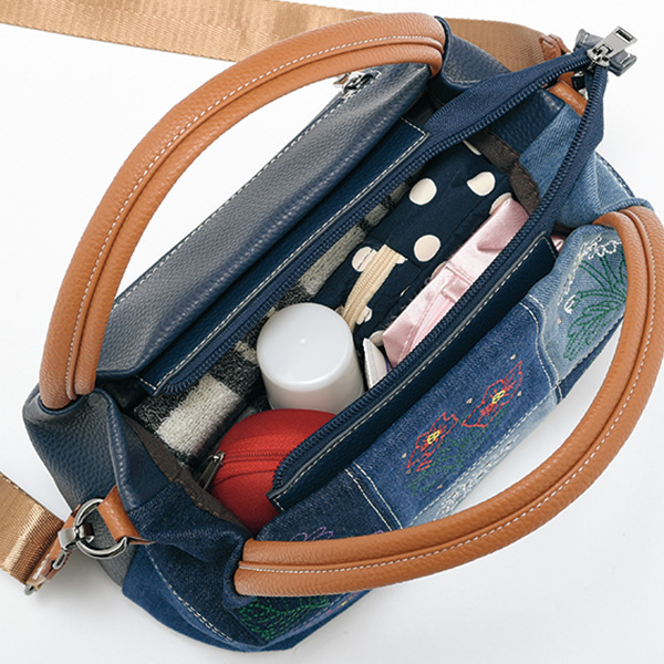 デニムフラワー刺しゅうパッチワーク2WAYバッグ