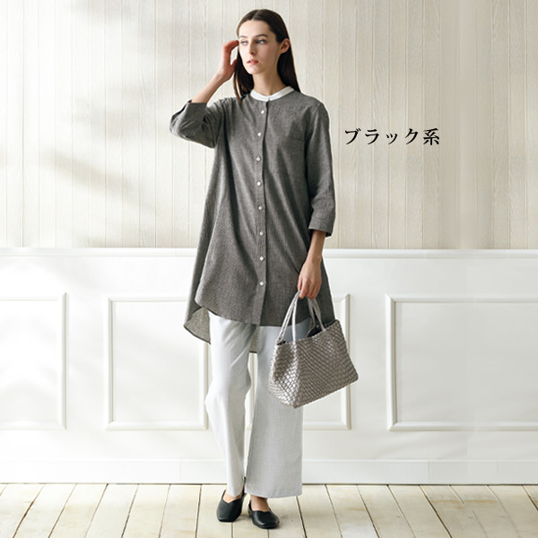 日本製綿麻ホワイトカラーロングシャツ