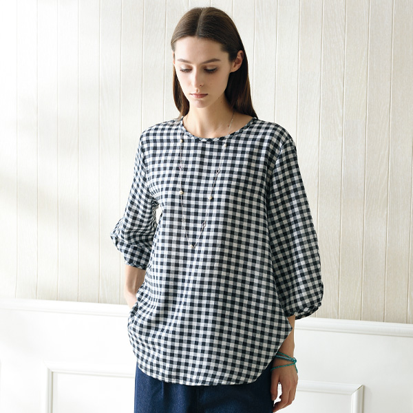 ギンガムチェック7分袖ブラウス