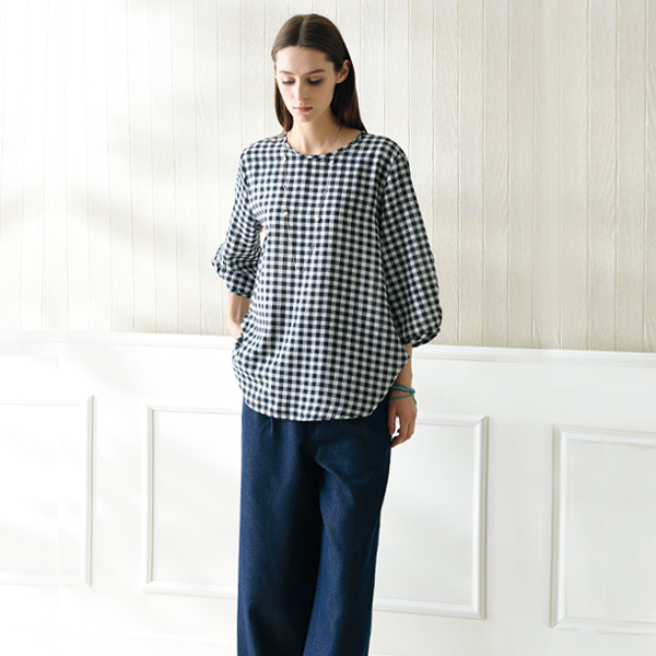 ギンガムチェック7分袖ブラウス