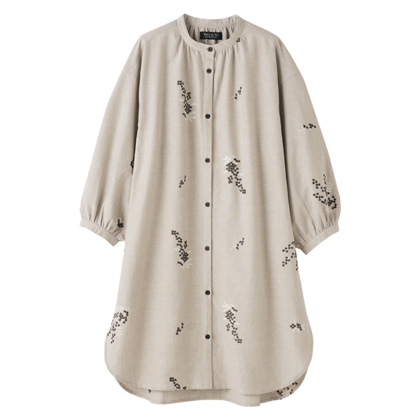 シャンブレー刺しゅうバンドカラーワンピース