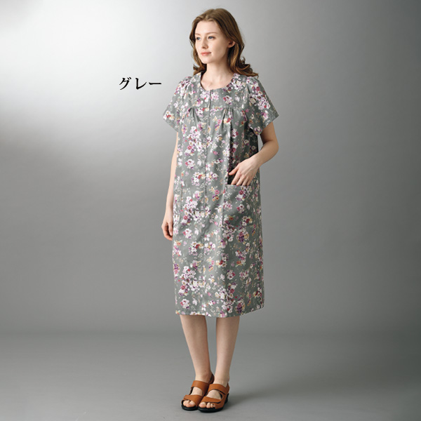 シルキーコットンギャザー使いワンピース