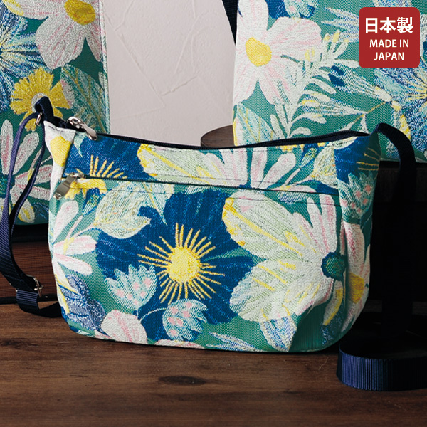 パンクリエーション 尾州織生地ボタニカル柄ヨコ型ショルダーバッグ PAN CREATION