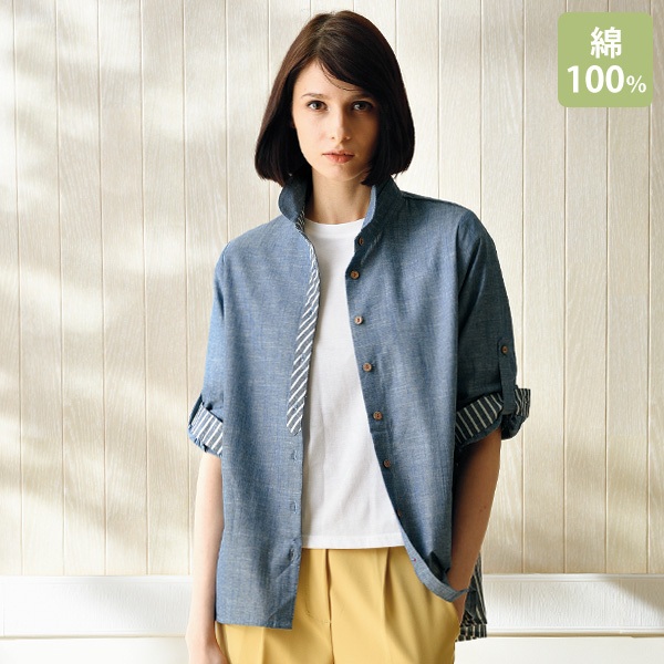 綿100％ストライプ切替えデザインブラウス