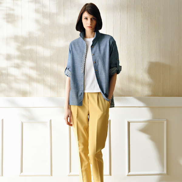 綿100％ストライプ切替えデザインブラウス