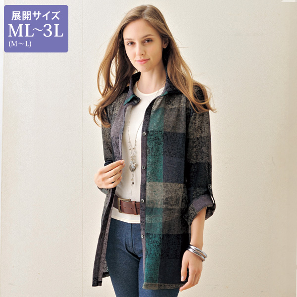 ブロック柄袖ロールアップジャケット 大きいサイズ ML LL 3L