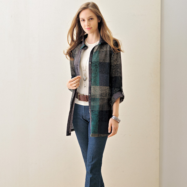 ブロック柄袖ロールアップジャケット 大きいサイズ ML LL 3L