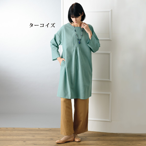 強撚風無地ピンタック9分袖ワンピース