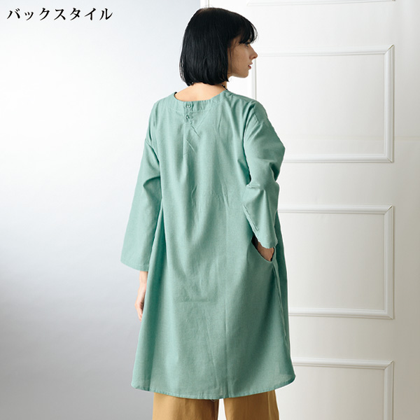 強撚風無地ピンタック9分袖ワンピース