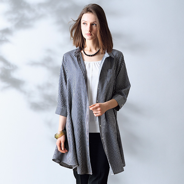 チェック柄フレアーロング丈シャツジャケット