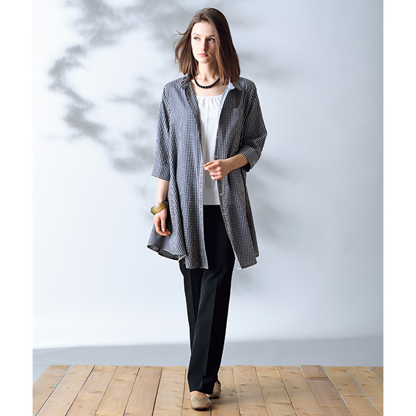 チェック柄フレアーロング丈シャツジャケット