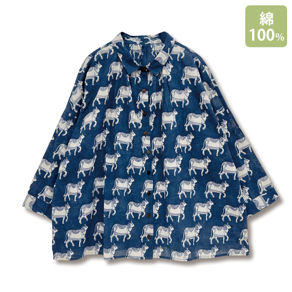 インディゴ染ダブプリントブラウス