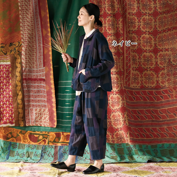 手紡ぎの綿布パッチワークジャケット