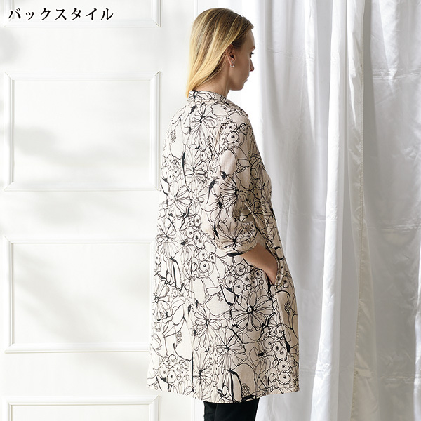 麻混花柄ロングジャケット