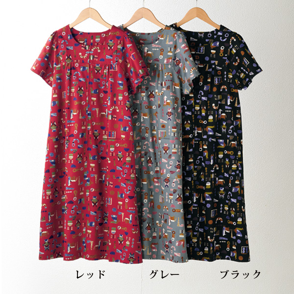 シルキーコットンギャザー使いワンピース