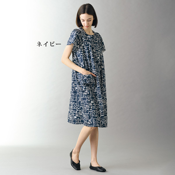 シルキーコットンギャザー使いワンピース
