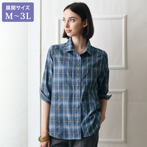 綿混チェック柄7分袖ブラウス 大きいサイズ M L LL 3L