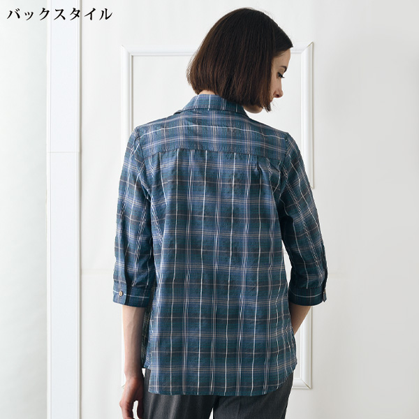 綿混チェック柄7分袖ブラウス 大きいサイズ M L LL 3L