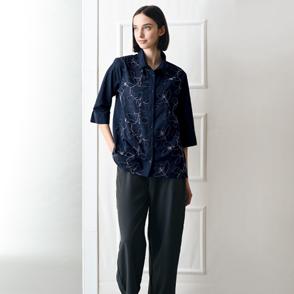 刺しゅう切替7分袖シャツ