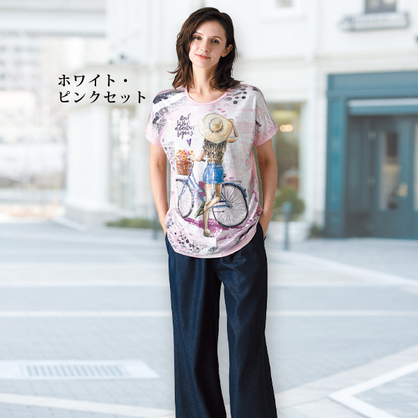 フレンチスリーブイラストTシャツ2色組