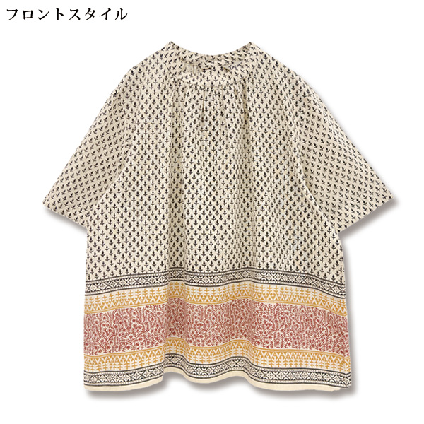 オーガニックコットン花の芽プリントギャザーブラウス
