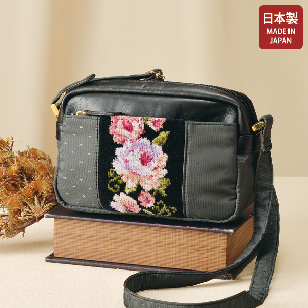 日本製再織牛革使いバラ柄ショルダーバッグ