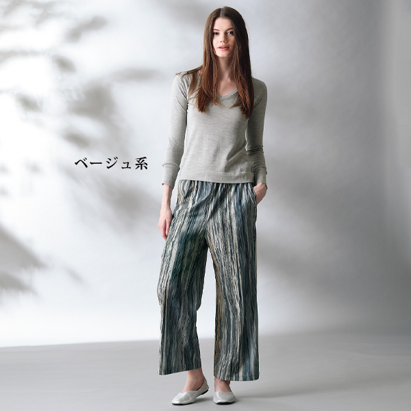 ドイツ「トランスファーテックス」ランダムストライプワイドパンツ 股下60cm 大きいサイズ M L LL 3L
