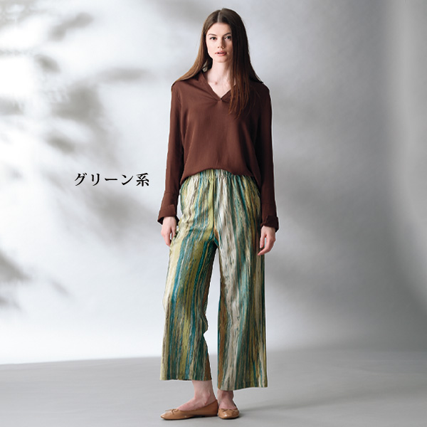 ドイツ「トランスファーテックス」ランダムストライプワイドパンツ 股下65cm 大きいサイズ M L LL 3L