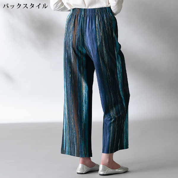ドイツ「トランスファーテックス」ランダムストライプワイドパンツ 股下65cm 大きいサイズ M L LL 3L